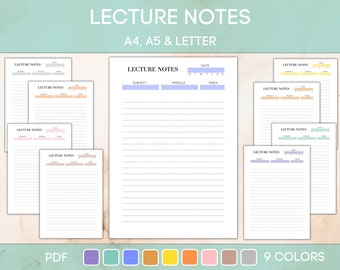 Editable and Printable Lecture Notes, Lecture Note Templates, Student Notes, Note Taking Sheet A4,A5 & Letter, Pdf
