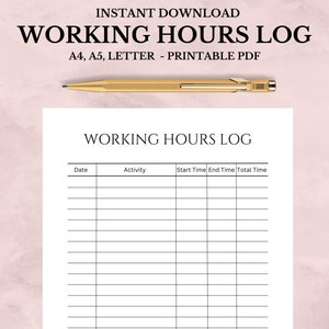 Op de afbeelding: Printbare werkurenlog-sjabloon in PDF-formaat. De sjabloon bevat kolommen voor datum, activiteit, starttijd, eindtijd en totale tijd.