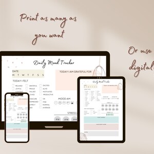 May include: A digital daily mood tracker with a pink background and a brown and white illustration of a hanging chair. The tracker includes sections for daily feelings, gratitude, mood, and stress levels. The text "Daily Mood Tracker" is at the top of the page.
