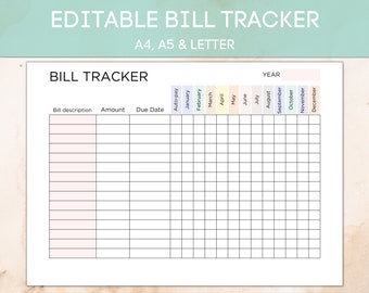 Editable bill tracker, bill tracker printable, monthly bill tracker, bill checklist, bill organizer, Yearly bill tracker, Instant PDF