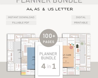 Planner Bundle, Personal Planner Bundle, Self-Care Planner, Fitness Planner, Mental Health Journal, Meal Planner, A4 A5 US Letter