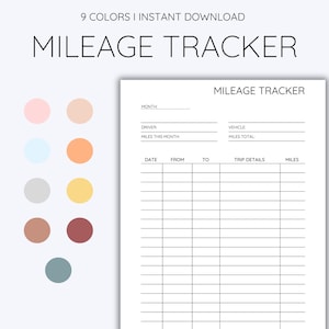 Pode incluir: Rastreador de quilometragem imprimível com um design simples. O rastreador tem seções para o mês, o motorista, o veículo, a data, de, para, detalhes da viagem e quilômetros. O rastreador está disponível em 9 cores.