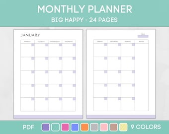 Printable Monthly Planner, Undated Month on Two Pages, Editable Monthly Calendar Inserts, Big Happy Planner, PDF Instant Download