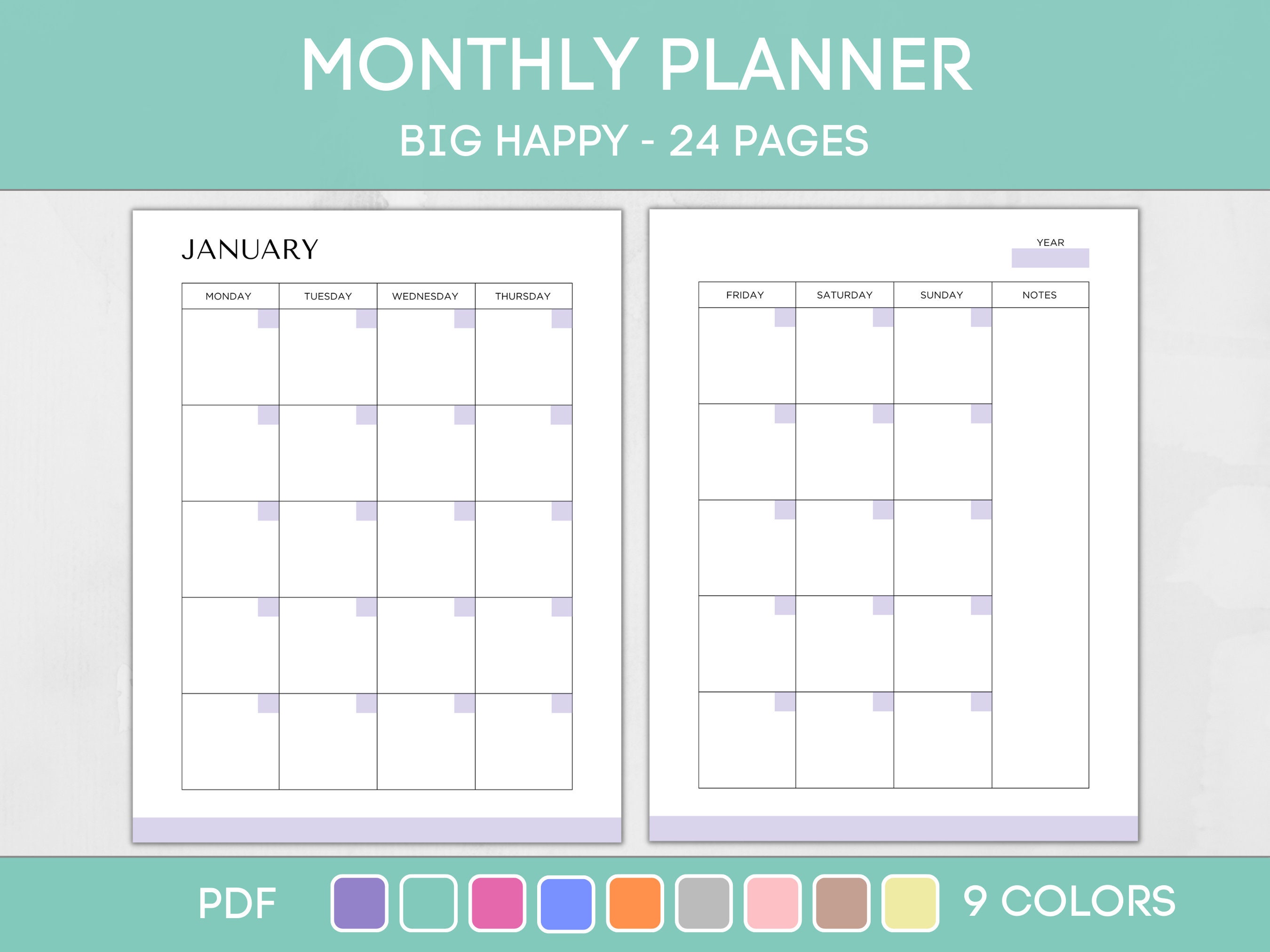 Printable Monthly Planner, Undated Month on Two Pages, Editable Monthly Calendar Inserts, Big ...