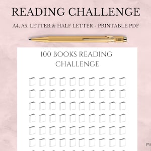 Desafío de lectura imprimible, desafío de 10, 25, 50 y 100 libros, rastreador de lectura, contador de libros, A4, A5, carta y media carta, descarga instantánea
