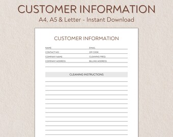Printable and Editable Customer Information Sheet For Cleaning Businesses, Cleaning Service Planner Sheet, A4 A5 Letter