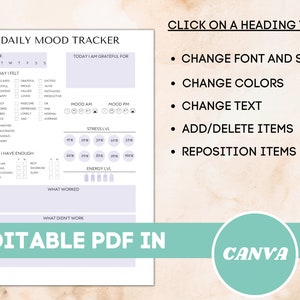 May include: A printable daily mood tracker in a light purple and white color scheme. The tracker includes sections for tracking mood, stress level, energy level, what worked, and what didn't work. The tracker is editable in Canva.