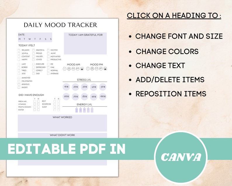 May include: A printable daily mood tracker in a light purple and white color scheme. The tracker includes sections for tracking mood, stress level, energy level, what worked, and what didn't work. The tracker is editable in Canva.