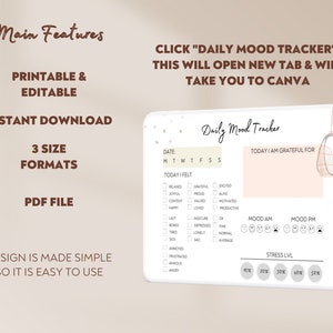 May include: Printable daily mood tracker in a digital format. The tracker includes sections for date, mood, gratitude, and stress level. The design features a light pink background with a hanging chair illustration.