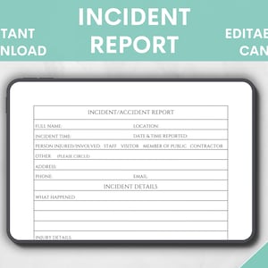 Printable & editable Incident Report Form, Work Accident Report, Accident Report, Health And Safety Log, PDF File, A4 A5 US Letter and Half
