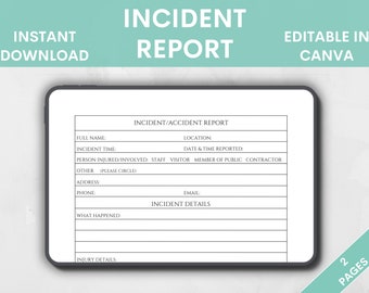Printable & editable Incident Report Form, Work Accident Report, Accident Report, Health And Safety Log, PDF File, A4 A5 US Letter and Half