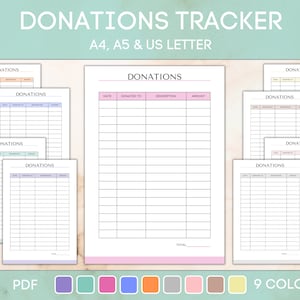May include: Printable donation tracker in PDF format. The tracker has columns for date, donated to, description, and amount. It comes in 9 different colors: purple, teal, pink, blue, orange, gray, light pink, brown, and yellow.
