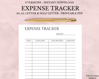 May include: A white printable expense tracker with the title "EXPENSE TRACKER" in bold black letters. The tracker includes columns for date, category, description, and amount. A gold pen rests above the tracker. The text "3 VERSIONS - INSTANT DOWNLOAD" is at the top.