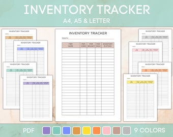 Könnte beinhalten: Druckbarer Inventar-Tracker im PDF-Format. Der Tracker hat Spalten für Artikelname, Code, gekauft, verkauft und Lagerbestand. Der Tracker ist in 9 verschiedenen Farben erhältlich: Lila, Türkis, Blau, Orange, Gelb, Rosa, Braun, Grau und Weiß.