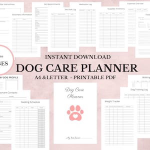 May include: Printable dog care planner with 20+ pages, including sections for vet appointments, medication log, feeding schedule, walking schedule, dog training log, weight tracker, and more. The planner features a pink paw print with a heart in the center.