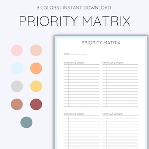 May include: A printable priority matrix with four sections labeled "Important & Urgent". The matrix is divided into four quadrants with lines for writing. A color palette of nine colors is shown on the left side of the page.