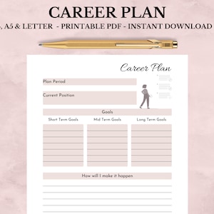 May include: A printable career plan template with sections for plan period, current position, short-term goals, mid-term goals, long-term goals, and how to make it happen.
