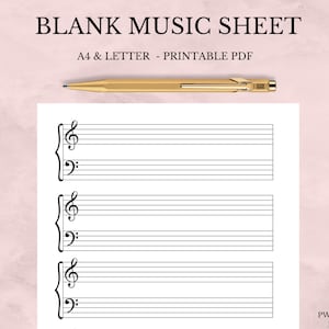 Printable Sheet Music for A4 US Letter, Blank Sheet Music Printable,  Piano Staff Paper,  Blank Music Paper, Grand Staff Manuscript