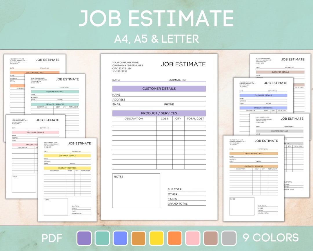 Printable Job Estimate Form, Business Job Estimate, Simple Job Estimate