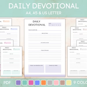 May include: Printable daily devotional journal pages in nine different colours. The pages include sections for today's scripture, reflections, life application, today's prayer, today I am grateful for, and stand out verse. The journal pages are available in A4, A5, and US letter sizes.