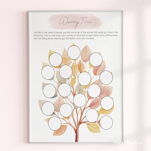 May include: A printable worry tree with a watercolor design of leaves in shades of orange, yellow, and brown. The text reads "Worry Tree" and "Just like a tree sheds its leaves, you too can let go of the worries that weigh you down. Use this Worry Tree to write down your worries on each leaf. Imagine each worry drifting away with the falling leaves, helping you feel lighter and more at peace."