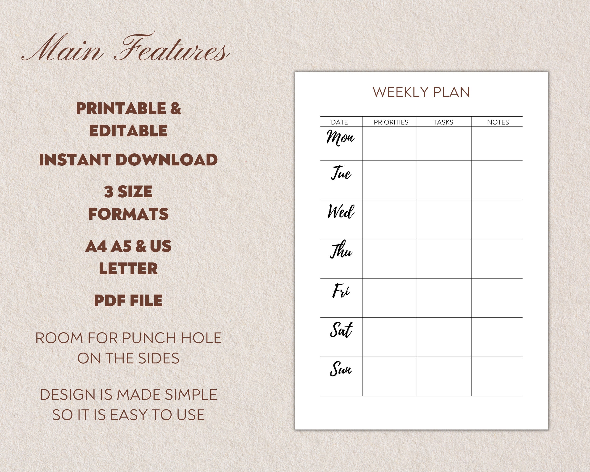 Mponline Work List.pdf Weekly Planner Printable and Editable, 7 Day Work Template, Monday to ...