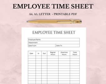 Employee Time sheet editable and printable, Work Schedule Log, Timekeeping List, A4 A5 Letter PDF