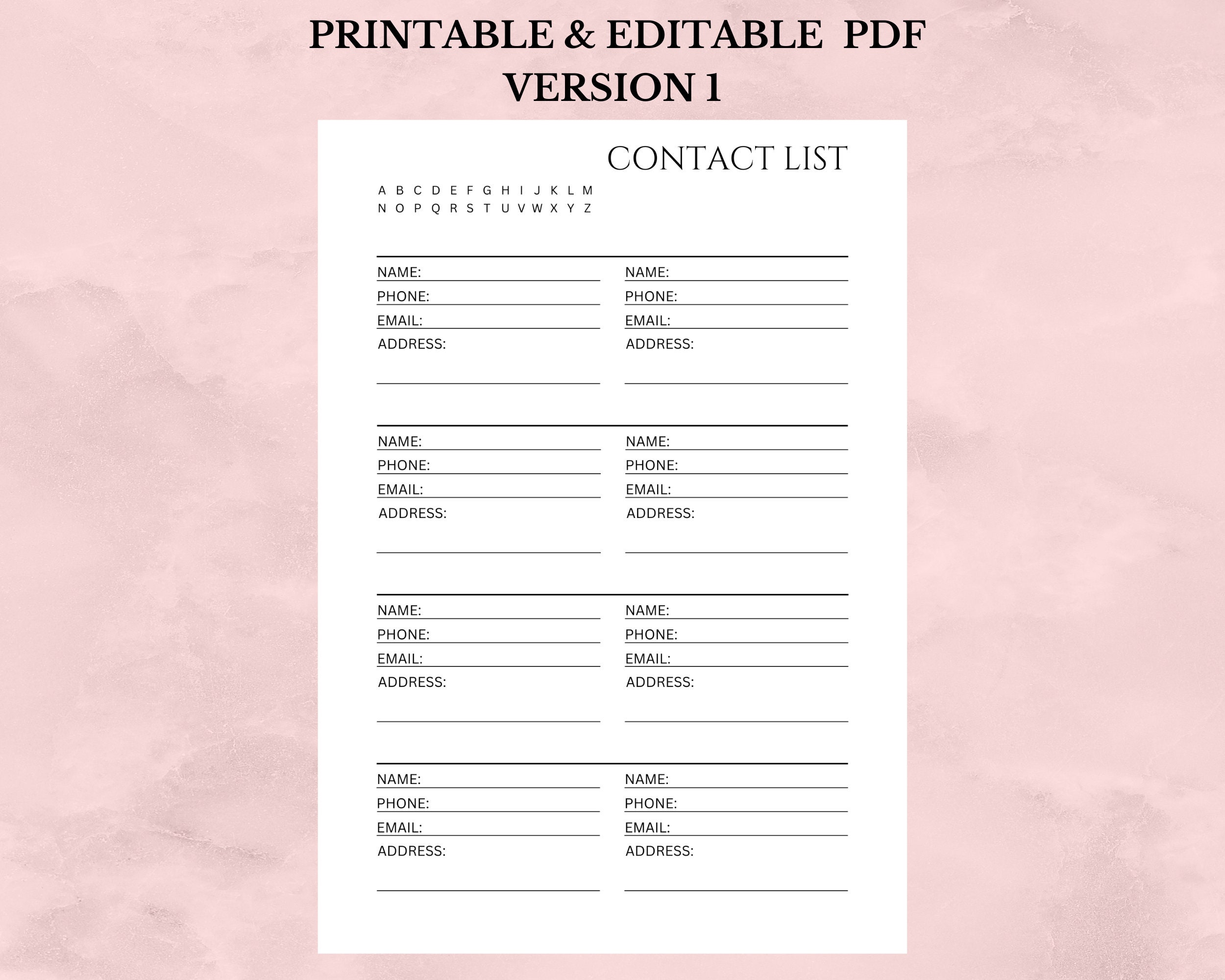 Contacts List Printable and Editable, Address Book, Contact Organizer ...
