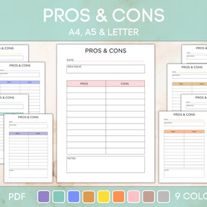 May include: Printable PDF template for listing pros and cons. The template has nine different color options: purple, teal, blue, orange, yellow, pink, brown, gray, and white. The template includes sections for date, idea or issue, pros, cons, and notes.