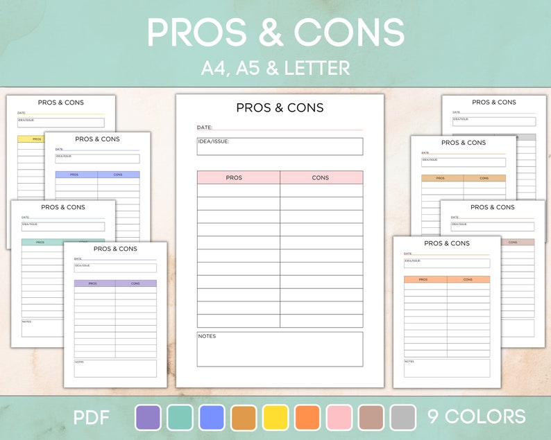 Printable Pros and Cons List Instant Download Print at Home - Etsy