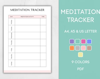 Könnte beinhalten: Ein druckbarer Meditations-Tracker mit einem rosa-weißen Farbschema. Der Tracker hat Spalten für Tag, Meditationsaktivität und Zeit. Der Text "MEDITATION TRACKER" befindet sich oben auf der Seite. Der Text "A4, A5 & US LETTER" befindet sich unten auf der Seite. Der Text "9 COLORS" befindet sich unten auf der Seite. Der Text "PDF" befindet sich unten auf der Seite.