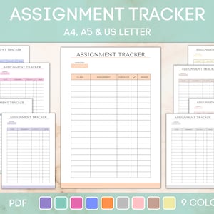 Op de afbeelding: Een afdrukbare takenplanner in PDF-formaat. De planner heeft kolommen voor klas, opdracht, vervaldatum, vinkje en cijfer. De afbeelding toont negen verschillende kleur opties voor de planner.