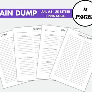 May include: A set of four printable brain dump pages in black and white. The pages are designed for A4, A5, and US Letter sizes. The pages have lines for writing and sections for "Today", "Tomorrow", "To Do", "To Email", "This Week", and "To Remember".