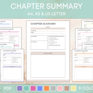 Puede incluir: Plantillas de resumen de capítulo imprimibles en nueve colores diferentes. Las plantillas incluyen secciones para el número de capítulo, el número de página, el tema, las palabras clave, los puntos clave y las preguntas importantes. Las plantillas están disponibles en tamaños A4, A5 y US Letter.