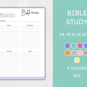 Puede incluir: Planificador de estudio bíblico imprimible con secciones para la fecha, el pasaje, la lectura, el examen, la oración y la aplicación. El planificador está disponible en 9 colores y en tamaños A4, A5 y carta de EE. UU.