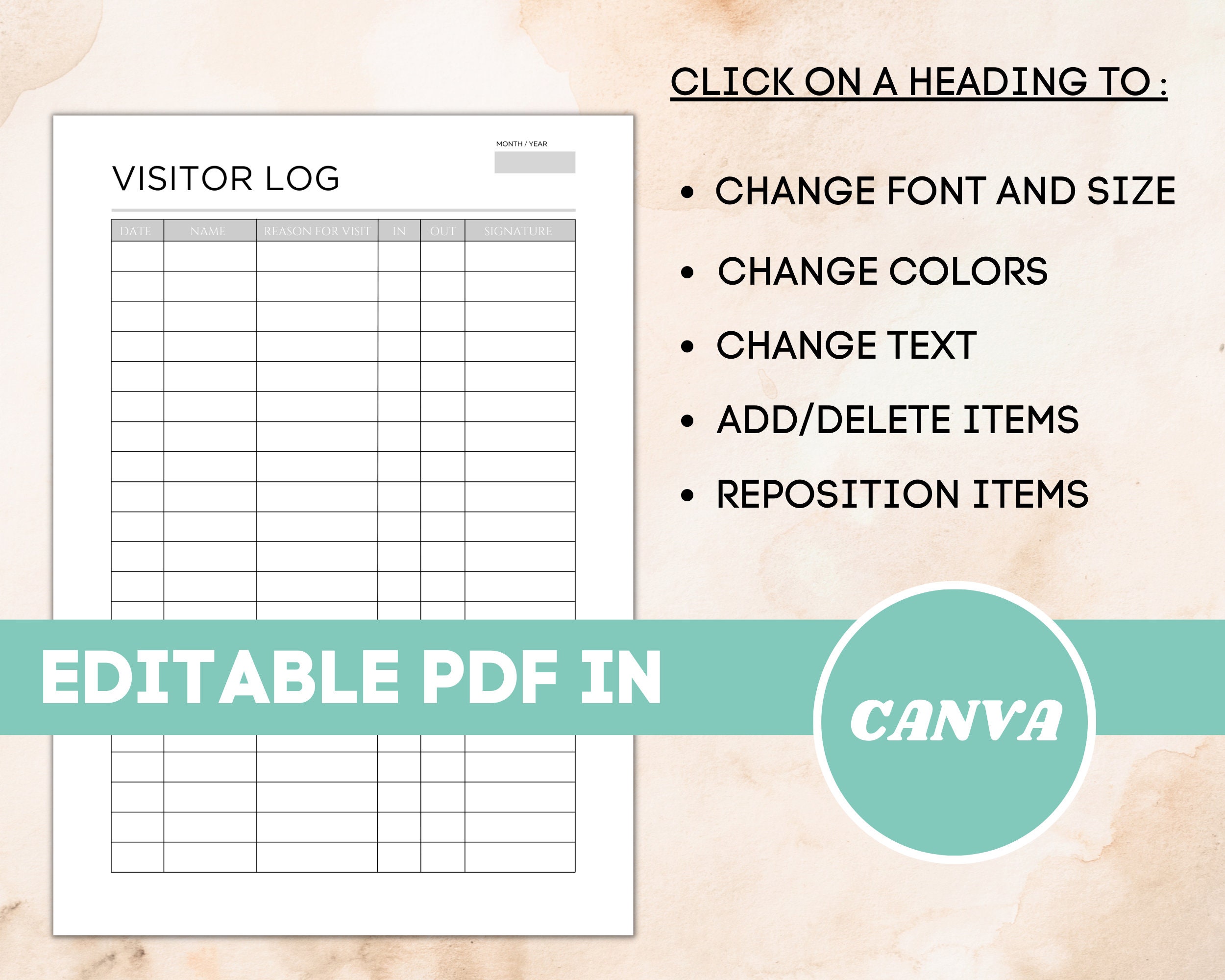 Printable Visitor Log, Visitor Sign in / Sign Out Sheet, Visitor