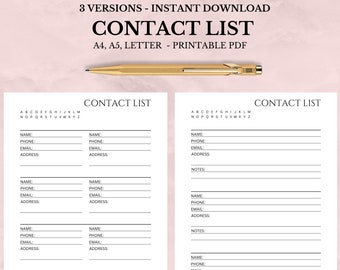 Contacts List printable and editable, Address Book, Contact Organizer, A4/A5/Letter, Instant Download PDF
