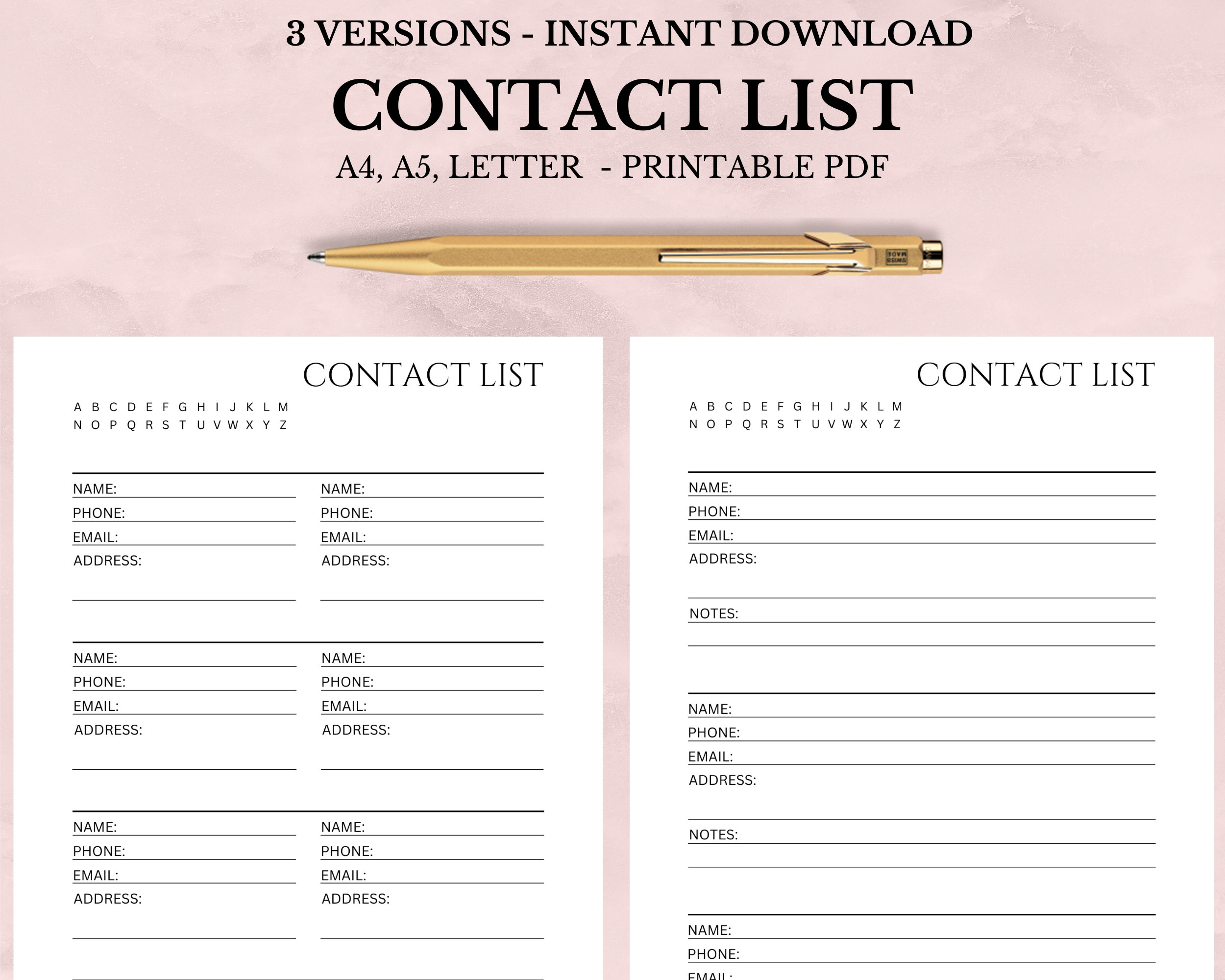 Contacts List Printable and Editable, Address Book, Contact Organizer ...