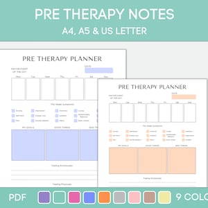 May include: Two printable pre-therapy planner pages in a light blue and peach colour scheme. The pages include sections for tracking major events, daily mood, symptoms, goals, good things, bad things, and emotional and physical well-being. The text "PRE THERAPY PLANNER" is at the top of each page.