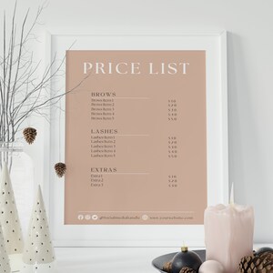 May include: A price list for a beauty salon, printed on a light brown background. The list includes prices for brows, lashes, and extras. The text is in black and white.