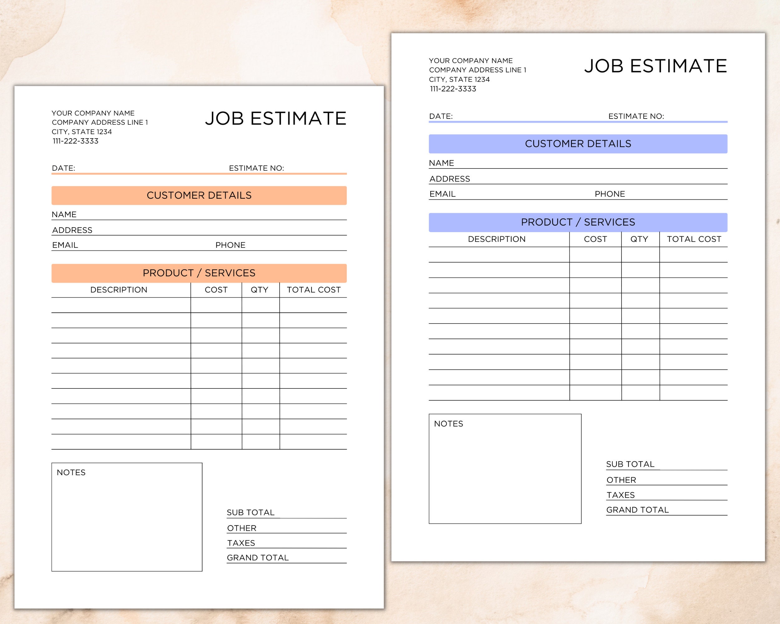 Printable Job Estimate Form, Business Job Estimate, Simple Job Estimate