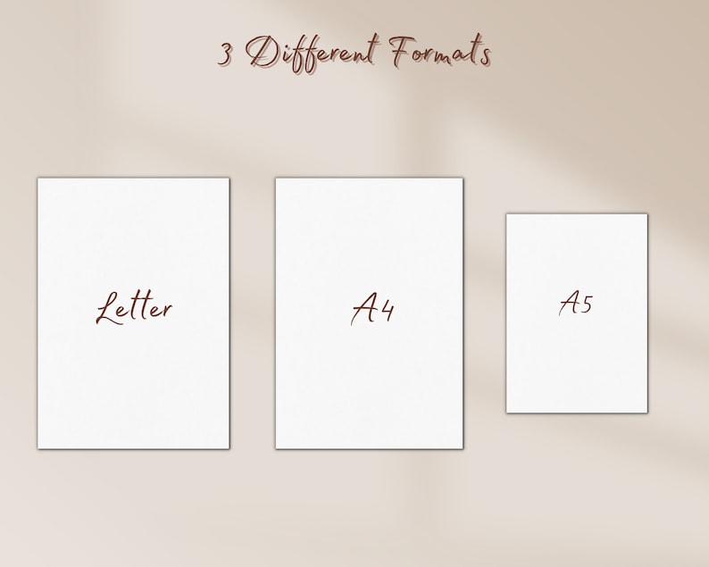 May include: Three white paper sheets with the words "Letter", "A4", and "A5" written in brown cursive on them. The sheets are arranged in a row from left to right, with the "Letter" sheet on the left, the "A4" sheet in the middle, and the "A5" sheet on the right. The sheets are on a light brown background.