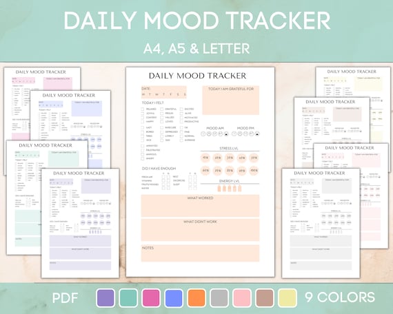Daily Mood Tracker, Printable Mood Track, Emotion tracker, Mood Journal, Mental health tracker, Anxiety Tracker, A4 A5 Letter PDF
