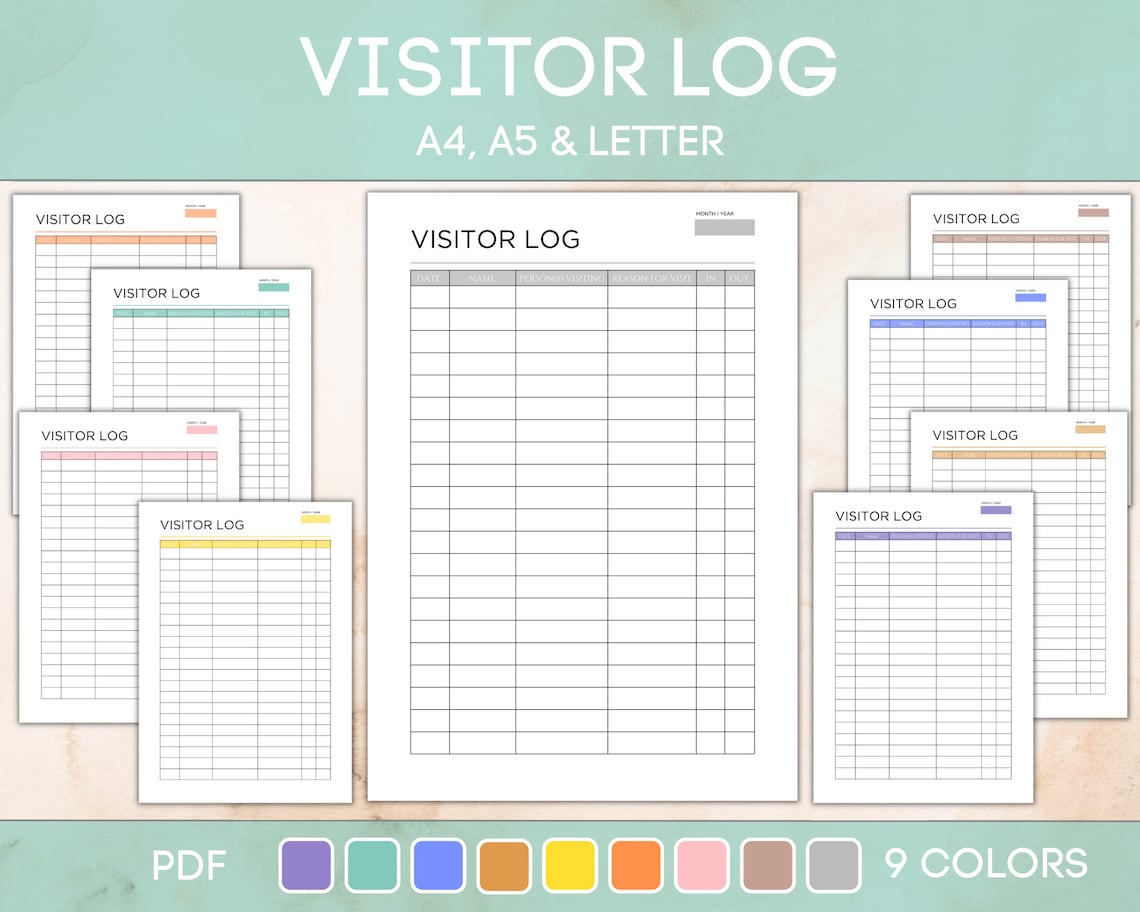 Printable Visitor Log, Visitor Log Sheet, Visitor Logbook, Visitor ...