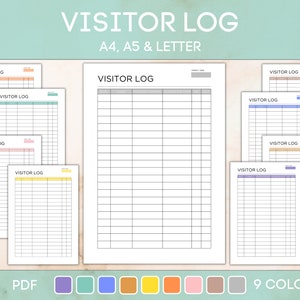 May include: Printable visitor log template in nine different colors: purple, teal, blue, orange, yellow, pink, brown, gray, and light purple. The template is designed for A4, A5, and letter size paper.