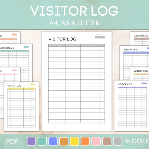 Printable Visitor Log, Visitor Log Sheet, Visitor Logbook, Visitor Tracker Template, A4 A5 Letter, Instant Download PDF