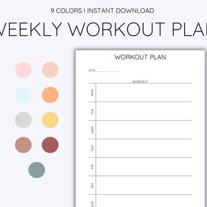 Könnte beinhalten: Druckbarer Wochenplaner für Workouts mit einem leeren Feld für das Datum und einer Spalte für jeden Tag der Woche. Der Planer hat einen Bereich für Workout-Details. Das Bild zeigt auch eine Farbpalette mit neun verschiedenen Farben.