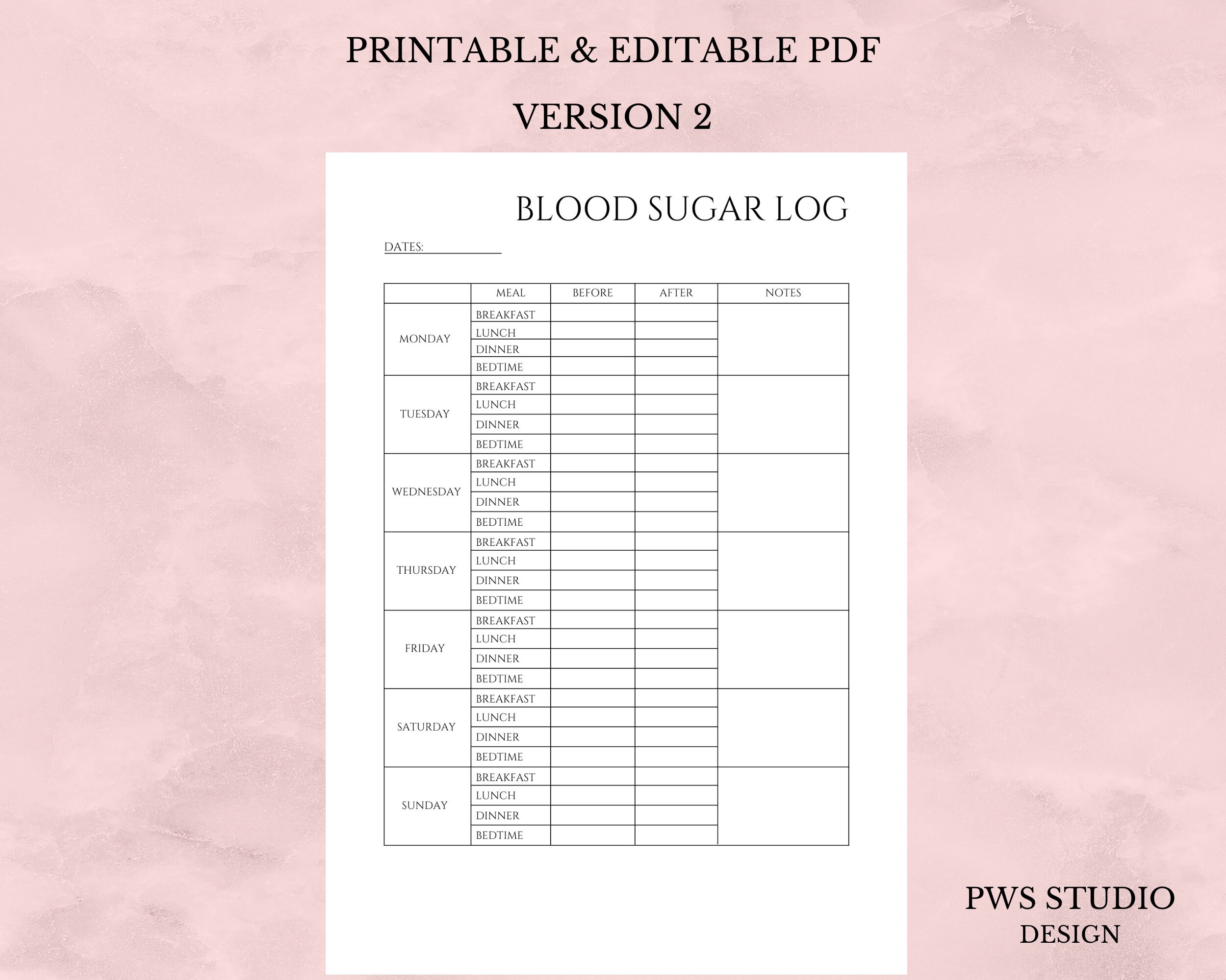 Printable Blood Sugar Log, Blood Glucose Journal, Diabetic Log, Blood ...