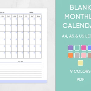 Printable Blank Calendar Template, Editable Calendar, Monthly Calendar Sheet, Calendar Planner, PDF Instant Download