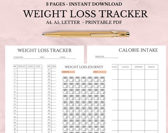 Weight Loss Tracker Printable and Editable, Digital Fitness Journal, Weight Loss Motivation Planner, Self-Care Chart PDF A5 A4 Letter